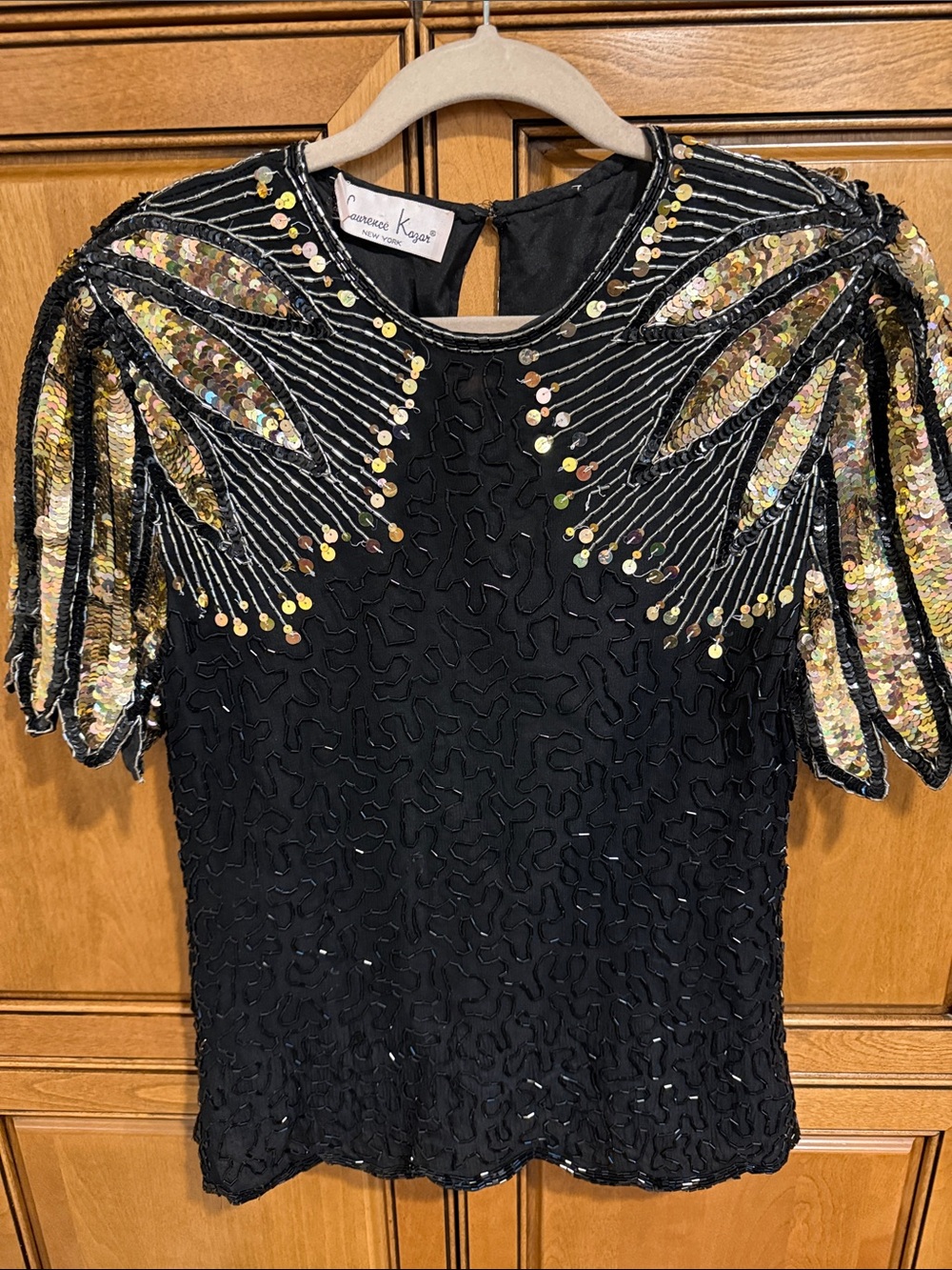 Vintage Laurence Kazar Black Top with Gold Sequin Shoulder Embellishment